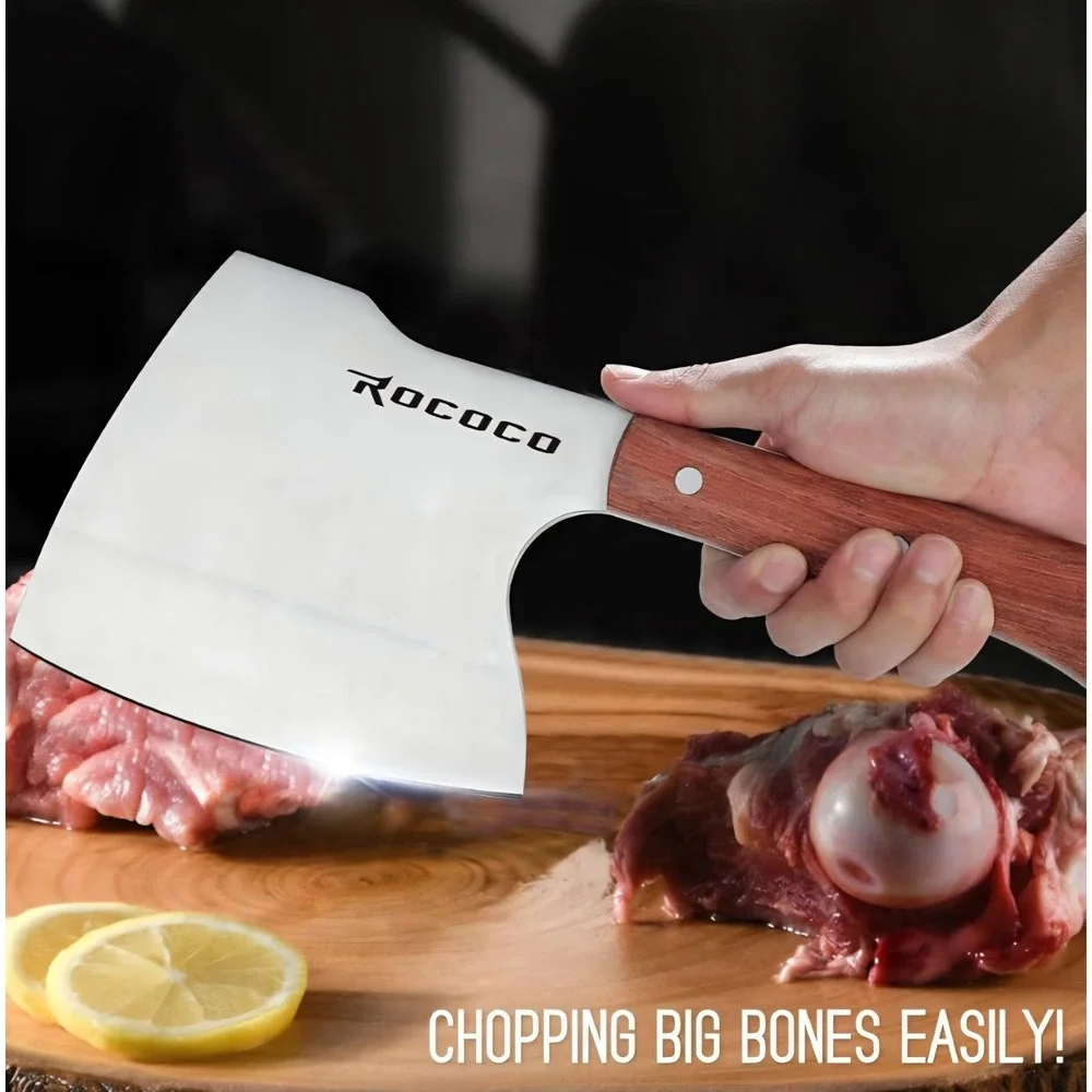 Rococo Stainless Steel Bone Cleaver Heavy Duty Meat Chopper Wood Handle Knife